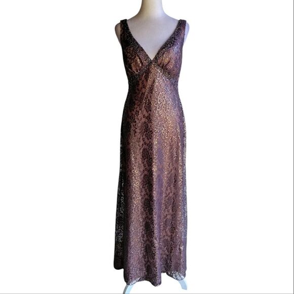Vintage Dresses & Skirts - Vintage Y2K Nikki Kiki Livas Deep Mauve Lace Beaded Neckline Babydoll Gown Sz 6